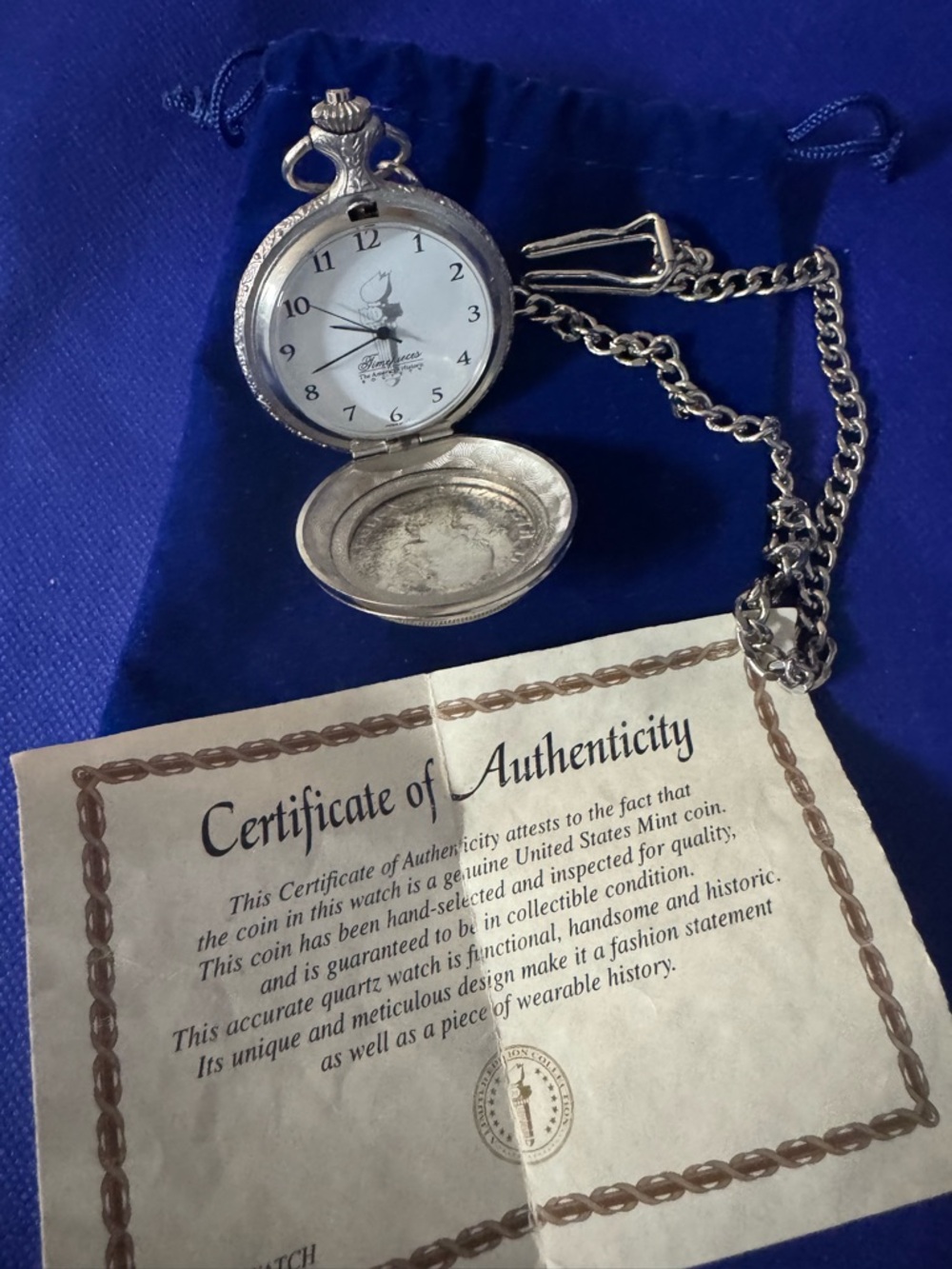 Vintage The American Historic Society Silver Pocket Watch with COA - Rare find